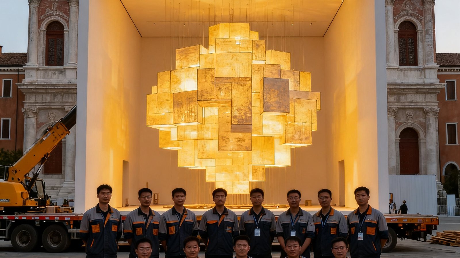 威尼斯双年展中国馆展厅内，大型装置艺术作品在灯光下展示，tyc贵宾会物流团队完成布展后在场馆前合影留念
