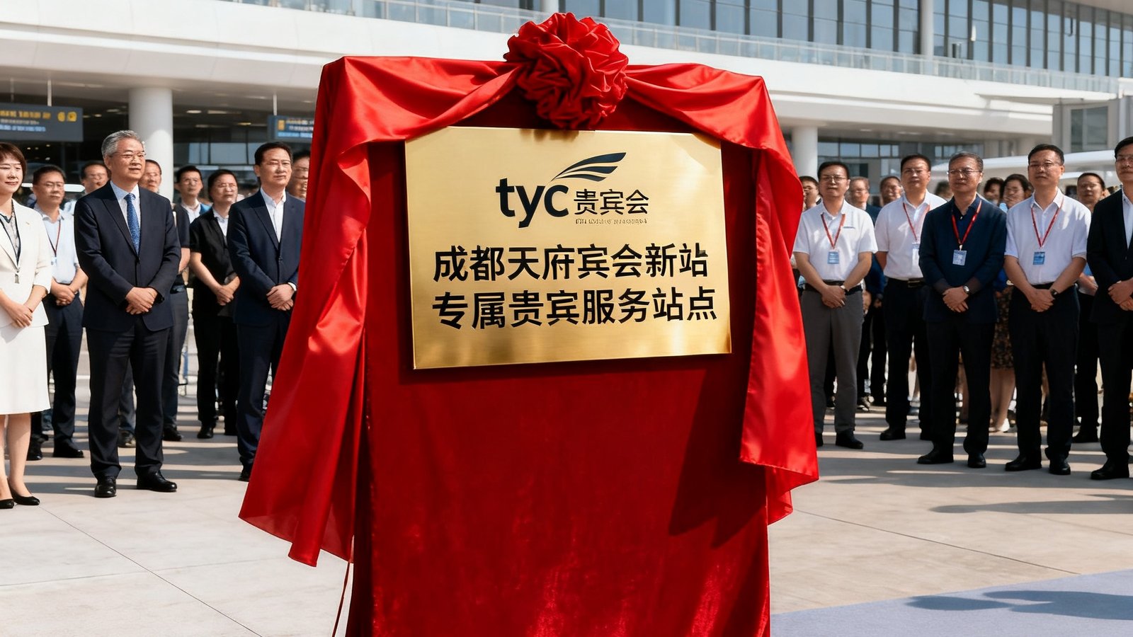 成都天府国际机场航站楼外景，tyc贵宾会新设立的专属贵宾服务站点揭牌仪式现场，红绸揭开露出金色标识牌